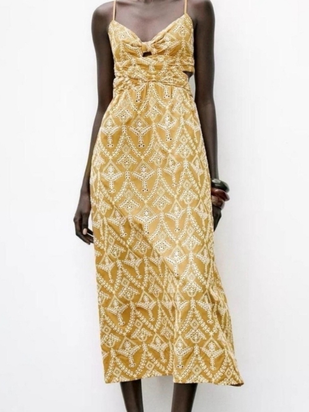 ZARA Eyelet Cutout Midi Dress – Golden Marigold | 100% Cotton | Size S | NWT